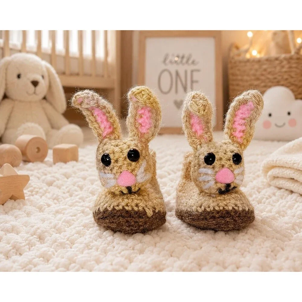 Handmade Crochet Bunny Baby Booties, Felt Lined Newborn Slippers, 0-3 Months